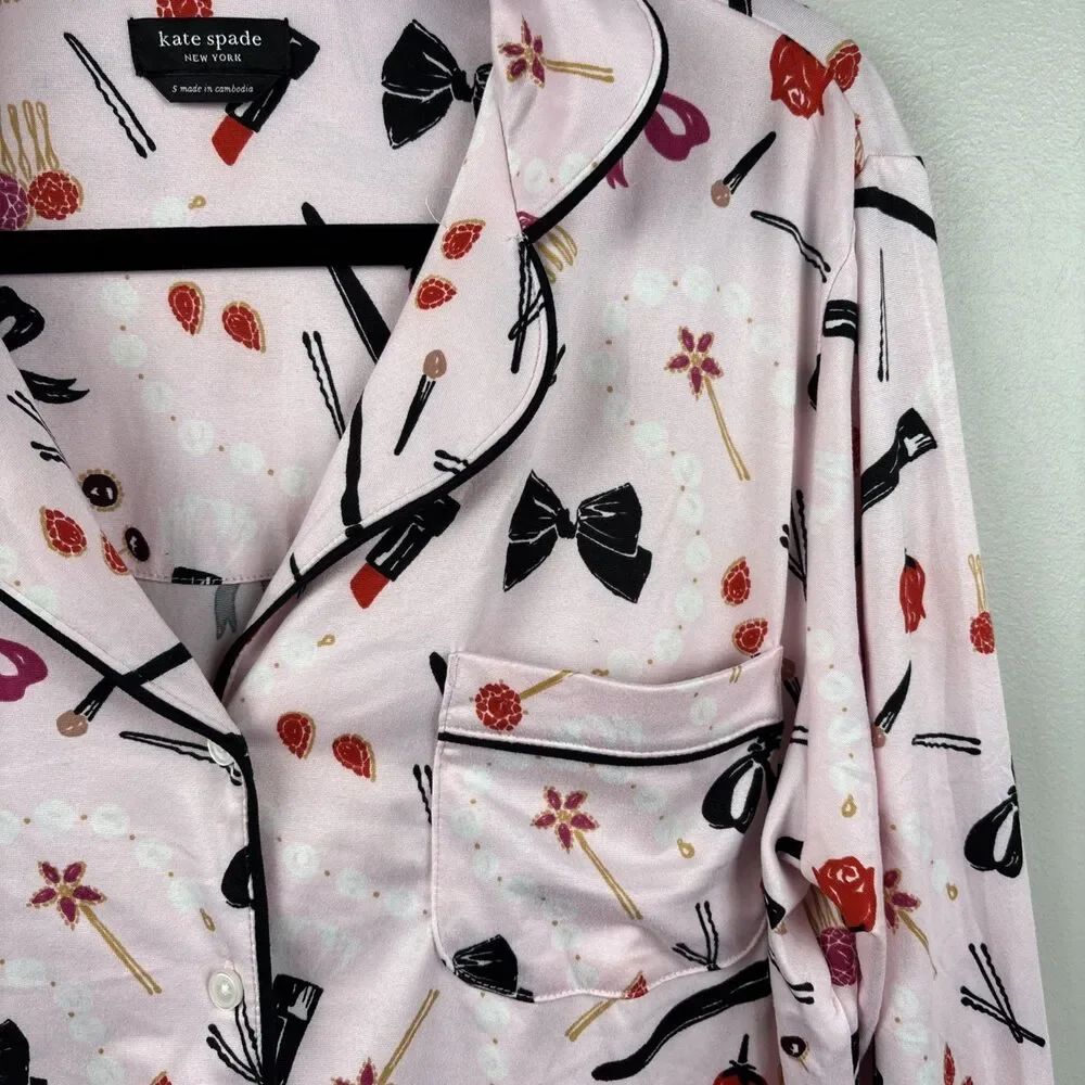 Kate Spade S Pajama Top Pink Long Sleeve Button Lipstick Bow Makeup (no Pants)
